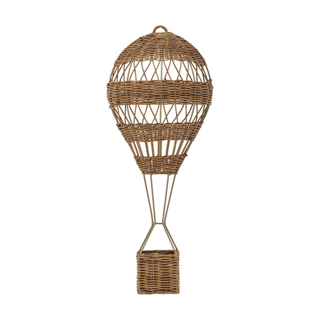 Huggi Rattan Wall Basket in Natural, a hot air balloon shaped wall basket with woven rattan bands over a slim iron frame and a small basket below, shown on a white background.