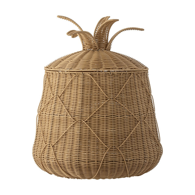 Anann Pineapple Basket with Lid in beige polyrattan, round woven body with diamond pattern and lidded top crowned by curling woven leaves, on a plain white background.