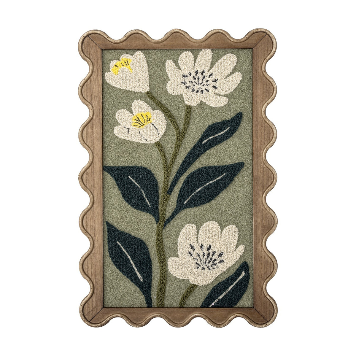 Talan Wavy Framed Print in multicoloured, featuring tufted embroidered flowers and leaves on a sage ground, set in an MDF frame with a scalloped wavy edge, shown on a plain white background.
