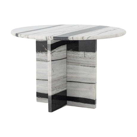 Rosito round marble coffee table in white with bold black stripes, featuring a polished top and a crossed slab base, shown on a plain white background.