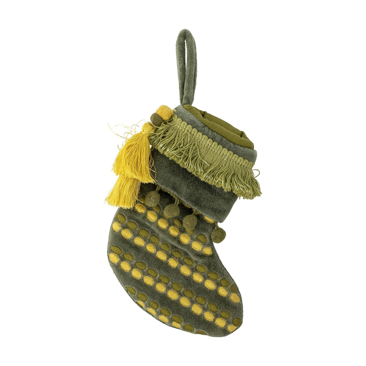 Jeanne Cotton Christmas Tree Decoration in green, a small padded fabric stocking with fringed cuff, pom-poms, yellow tassels and raised dot pattern on the foot, shown on a white background.