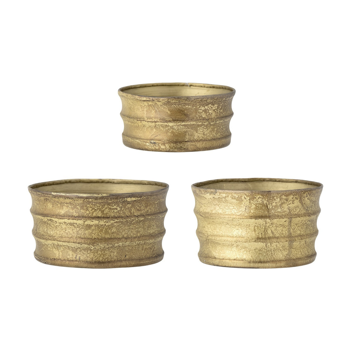 Lucilla Iron Christmas Plant Pots Set of 3 in Gold, round low planters with ribbed sides and a worn, mottled metal finish, shown in graduated sizes on a plain white background.