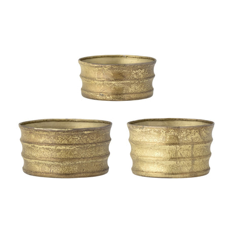 Lucilla Iron Christmas Plant Pots Set of 3 in Gold, round low planters with ribbed sides and a worn, mottled metal finish, shown in graduated sizes on a plain white background.