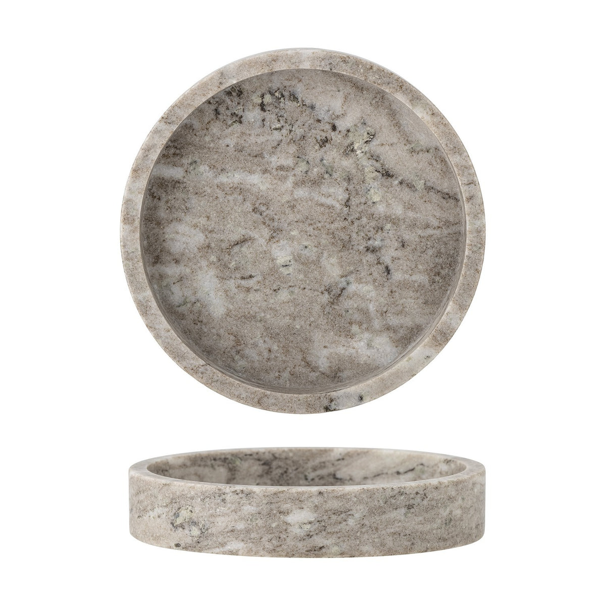 Ivette Round Marble Tray in grey, shown from above and in profile with a shallow straight rim and natural veining, set on a plain white background.
