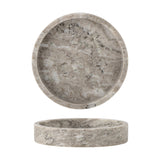 Ivette Round Marble Tray in grey, shown from above and in profile with a shallow straight rim and natural veining, set on a plain white background.