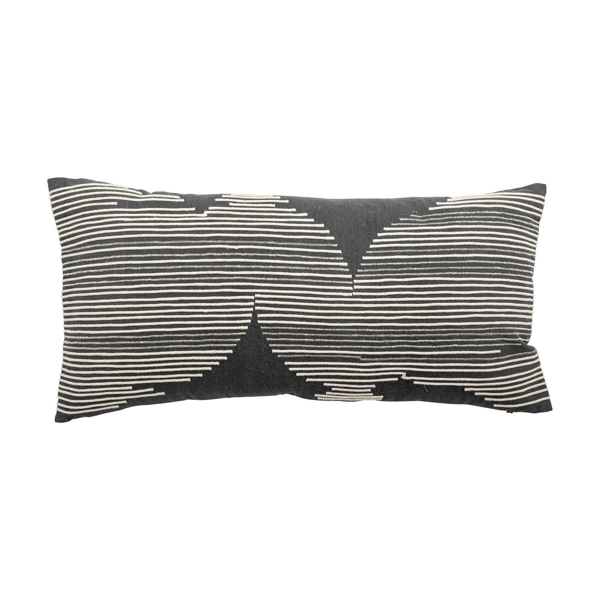Brechia Striped Cotton Cushion in grey, a rectangular cushion with fine embroidered stripes forming abstract triangular shapes, shown on a plain white background.