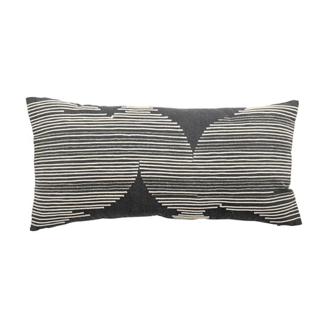 Brechia Striped Cotton Cushion in grey, a rectangular cushion with fine embroidered stripes forming abstract triangular shapes, shown on a plain white background.