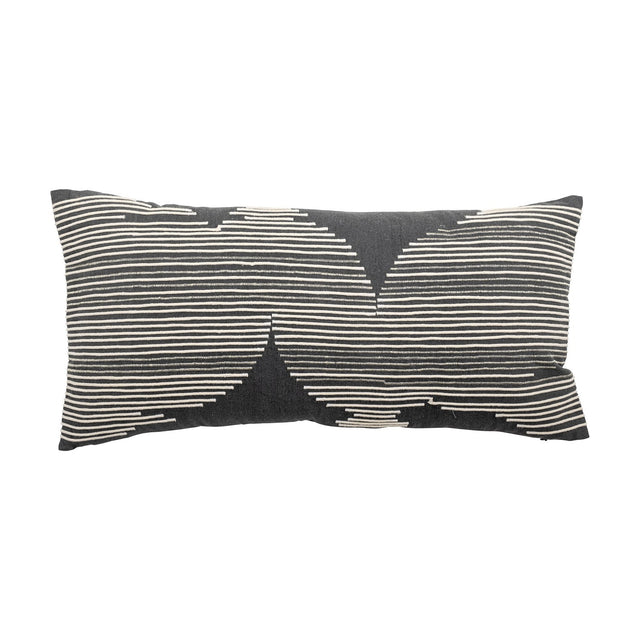 Brechia Striped Cotton Cushion in grey, a rectangular cushion with fine embroidered stripes forming abstract triangular shapes, shown on a plain white background.