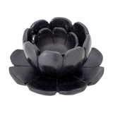 Reiko Flower Marble Tealight Holders in black, a petal-edged holder nested on a flower-shaped tray, shown on a plain white background.