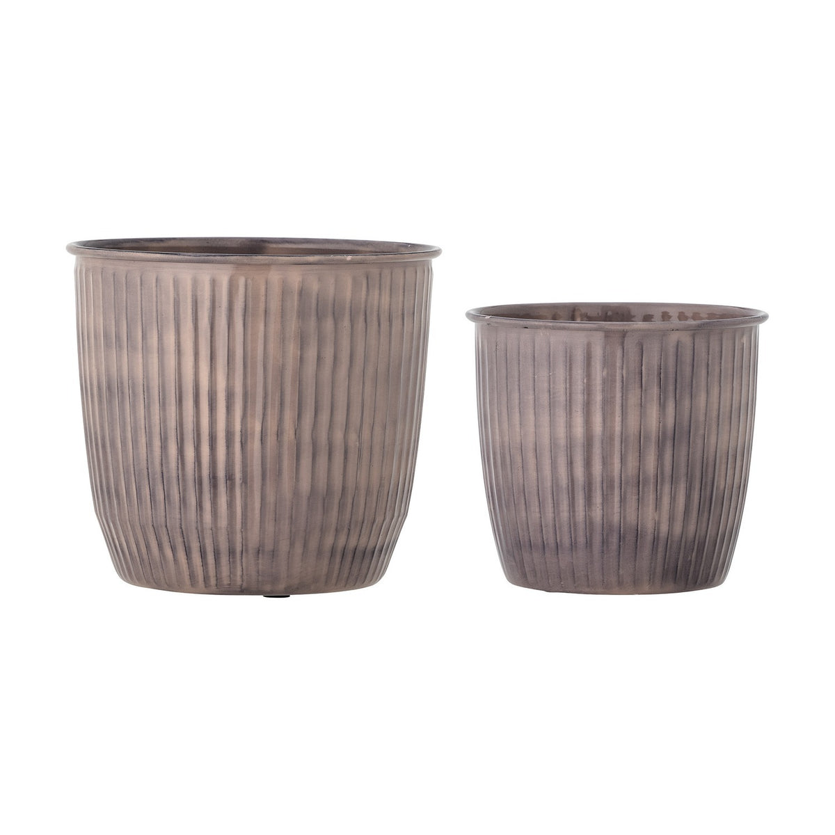 Kenzie Ribbed Iron Plant Pots Set of 2 in brown, round tapered planters with vertical ribbing and rolled rims, shown in two sizes on a white background.