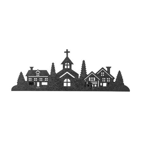 Cielo Iron Christmas Tealight Holder in black, a flat metal strip cut into a village silhouette with houses, fir trees and a central church with cross, shown on a plain white background.