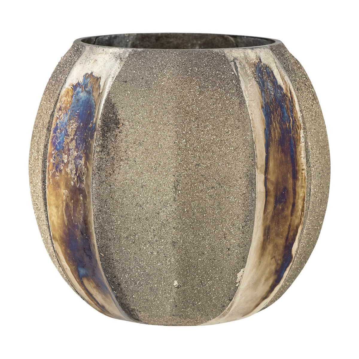 Felecia Striped Glass Christmas Tealight Holder in gold, round recycled glass with alternating grainy and oxidised iridescent vertical stripes, shown on a plain white background.