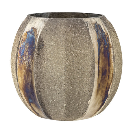 Felecia Striped Glass Christmas Tealight Holder in gold, round recycled glass with alternating grainy and oxidised iridescent vertical stripes, shown on a plain white background.