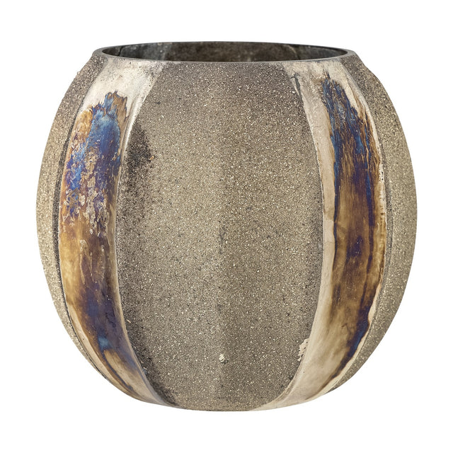Felecia Striped Glass Christmas Tealight Holder in gold, round recycled glass with alternating grainy and oxidised iridescent vertical stripes, shown on a plain white background.