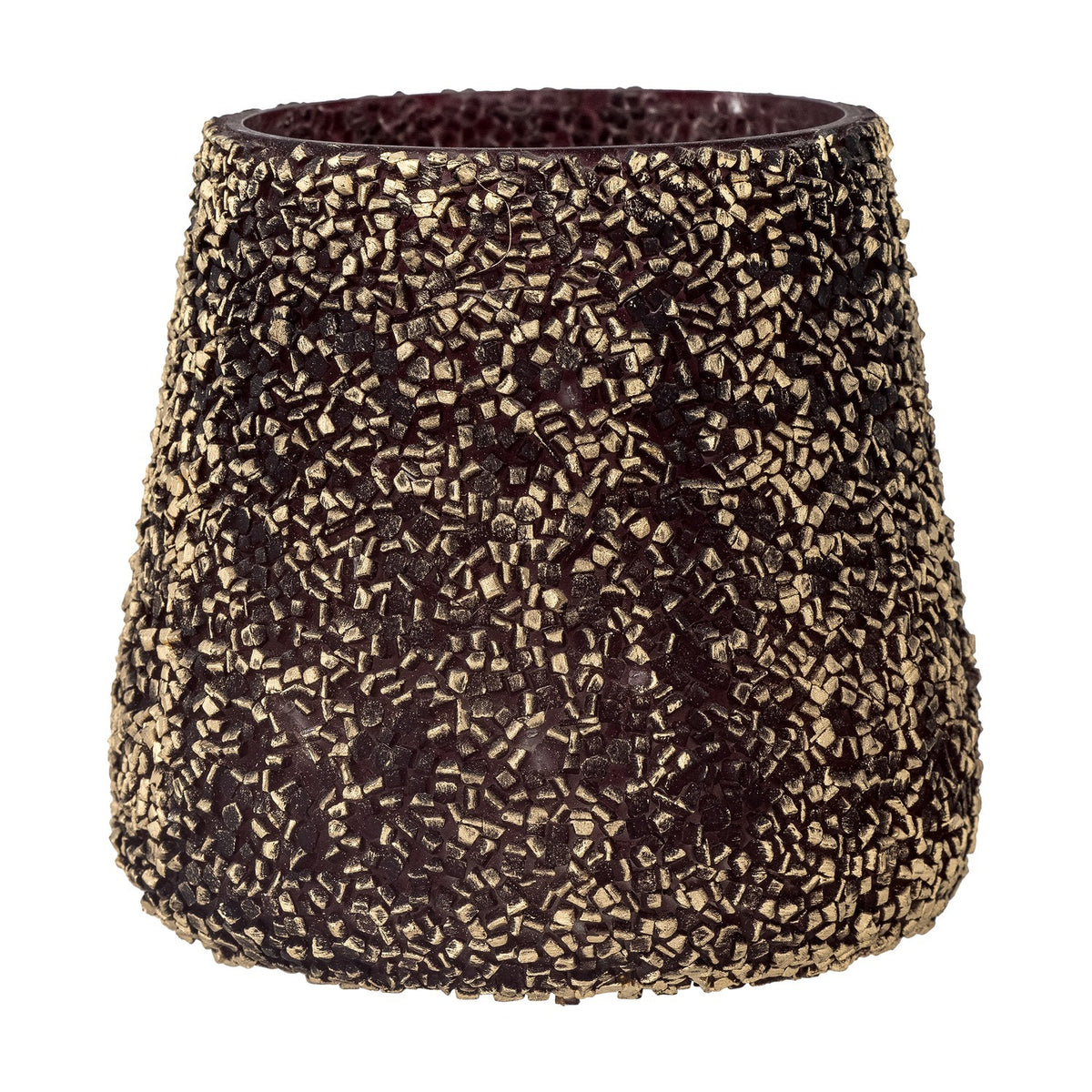 Filiz glass Christmas tealight holder with tapered shape covered in a dense gold mosaic texture, dark base visible at rim, shown on a plain white background.
