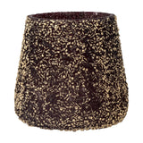 Filiz glass Christmas tealight holder with tapered shape covered in a dense gold mosaic texture, dark base visible at rim, shown on a plain white background.