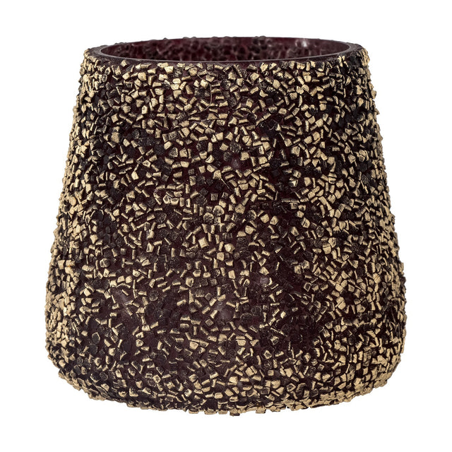 Filiz glass Christmas tealight holder with tapered shape covered in a dense gold mosaic texture, dark base visible at rim, shown on a plain white background.