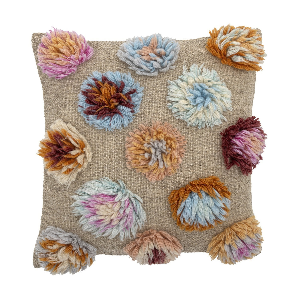 Somma Wool Cushion in Multi, a square woven cushion in beige with raised, shaggy multicoloured yarn tufts arranged across the front, shown on a plain white background.