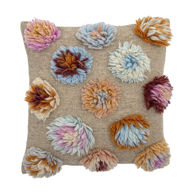 Somma Wool Cushion in Multi, a square woven cushion in beige with raised, shaggy multicoloured yarn tufts arranged across the front, shown on a plain white background.