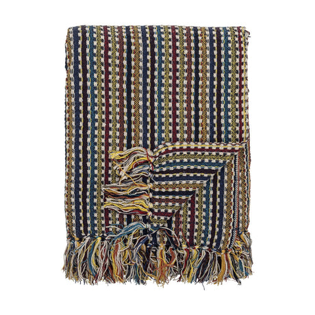 Lazzario Striped Cotton Throw in multicoloured woven stripes with a textured, pebbled finish and loose fringed edges, shown folded on a plain white background.