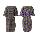 Rieti Striped Kimono in grey, reversible belted wrap shown both sides: striped grey woven cloth and purple-green geometric print, wide collar and tie belt, on a white background.