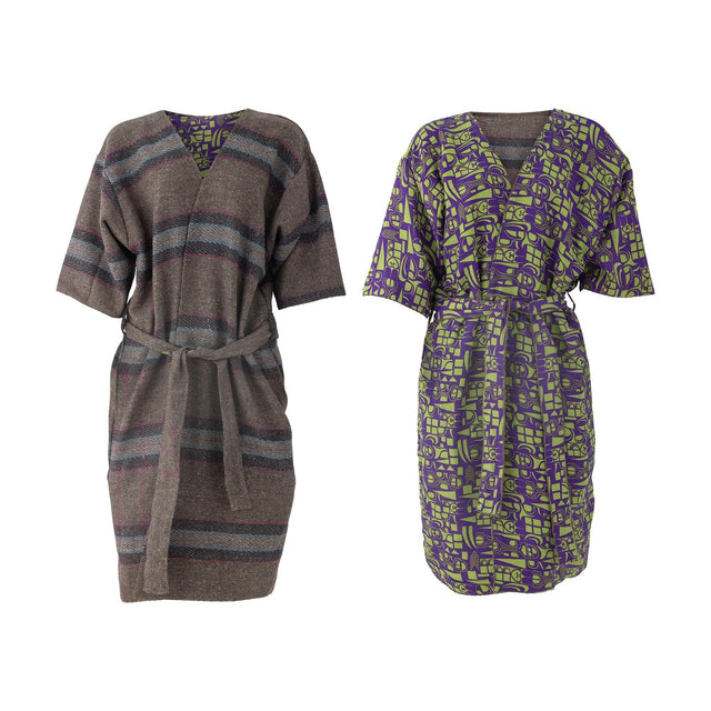 Rieti Striped Kimono in grey, reversible belted wrap shown both sides: striped grey woven cloth and purple-green geometric print, wide collar and tie belt, on a white background.
