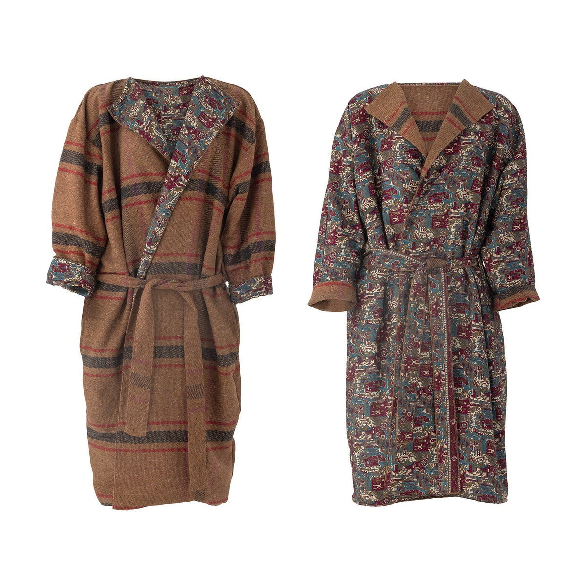 Rieti Kimono in brown shown reversible, one side striped woven fabric, the other a dense printed pattern, with tie belt and wide cuffs, on a plain white background.