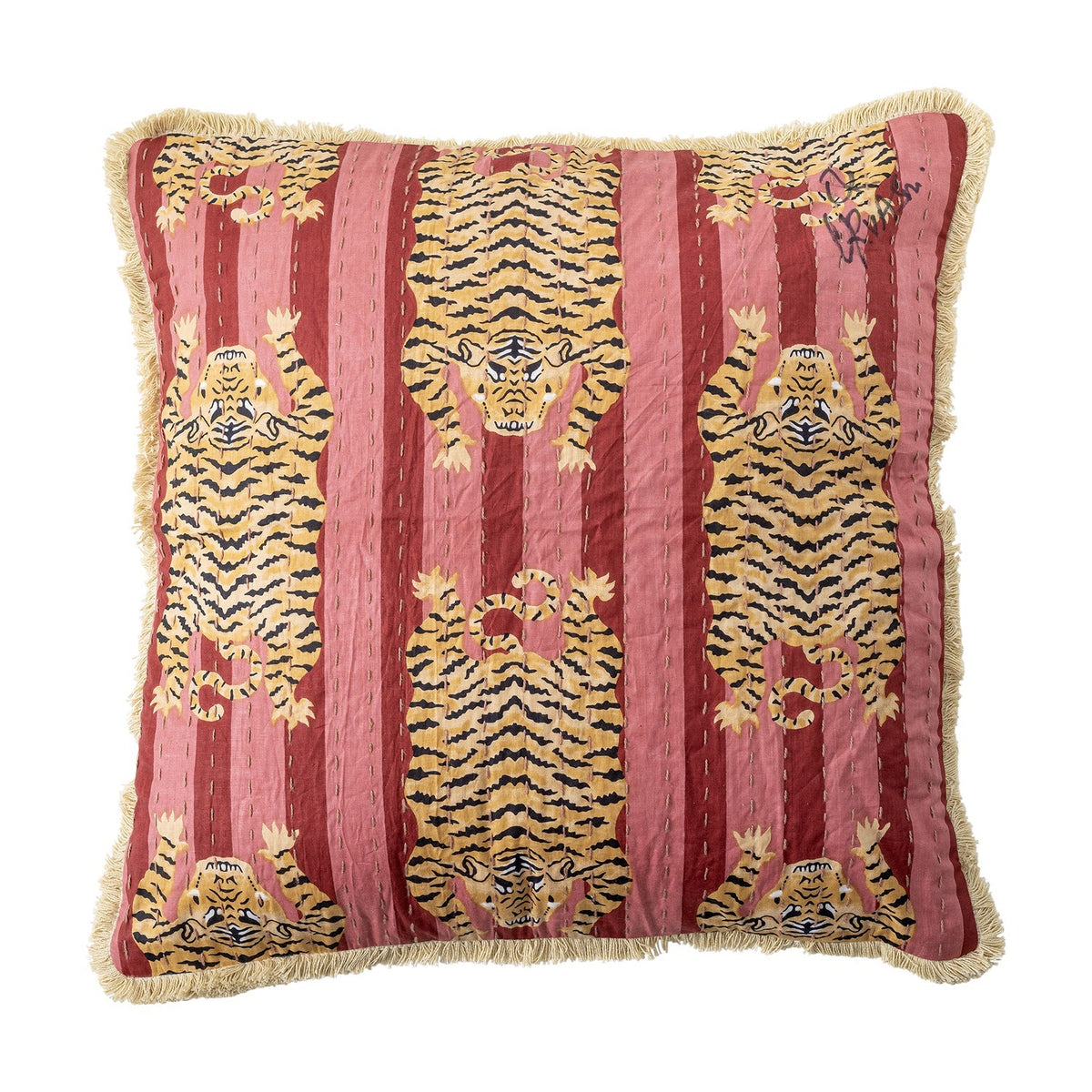 Poirino Cotton Cushion in pink, square with striped tiger print in gold and black across pink bands, cream fringe trim on all edges, shown on a plain white background.