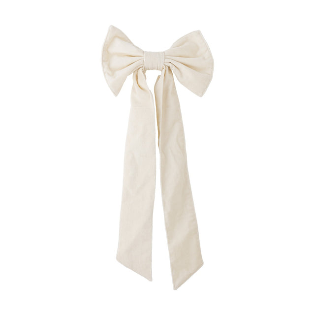 Ruby Cotton Christmas Bow in cream woven cotton with two full loops and long tails, shown on a plain white background.
