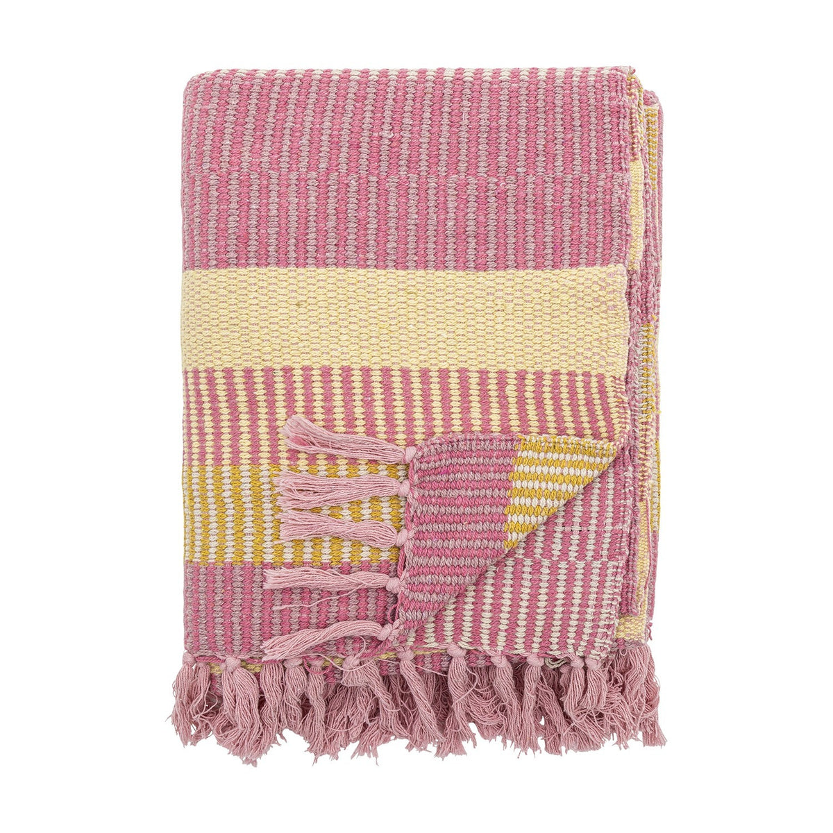 Isnel Striped Throw in Pink, folded to show a woven textured stripe pattern in pink, yellow and grey with knotted tassel fringe, on a plain white background.