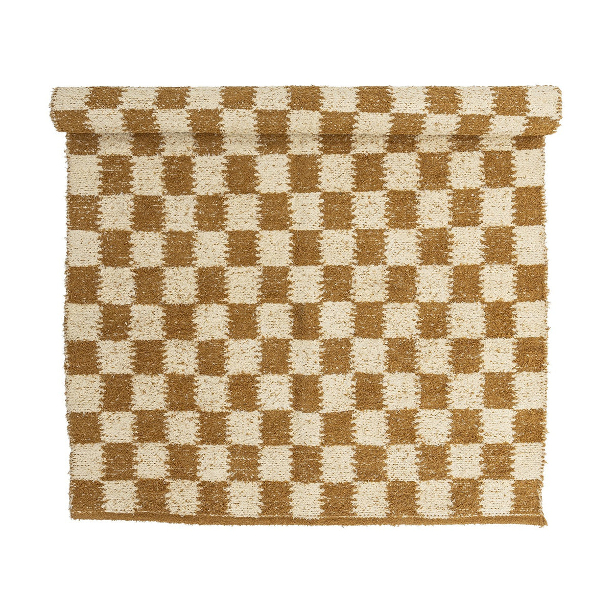Chola Cotton Rug 200x140cm in Brown, a woven checkerboard pattern of brown and cream squares with softened edges and a textured, nubbly surface, partly rolled, shown on a plain white background.