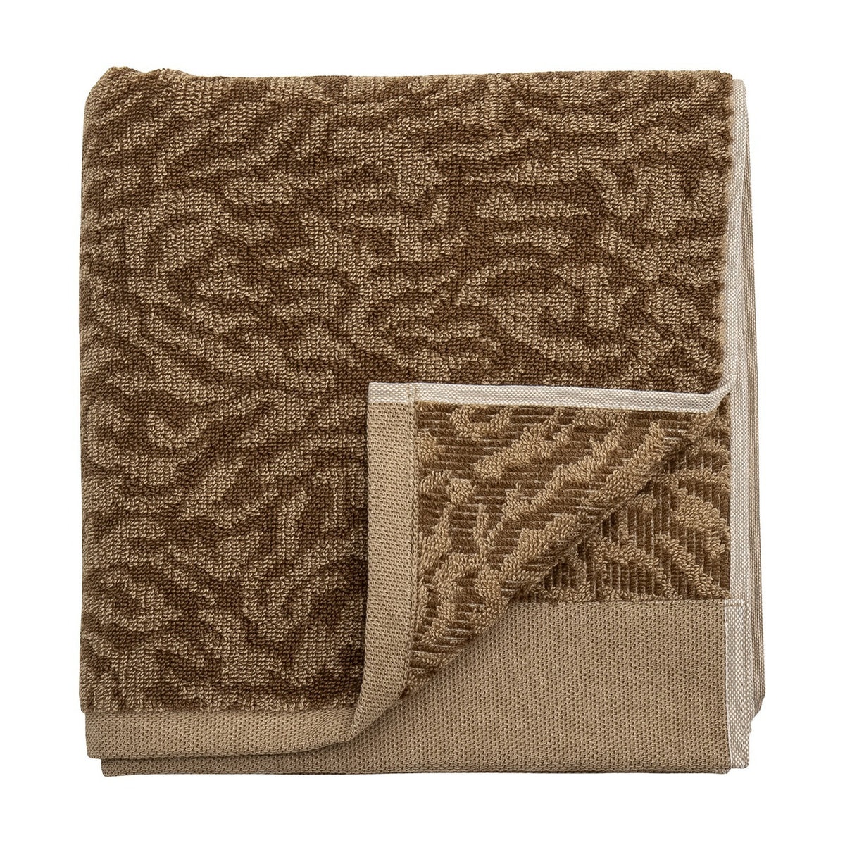 Kaysa Cotton Towel 100x50cm in brown, folded to show a coral-like woven pattern in light and dark brown tones with a plain woven border, on a white background.