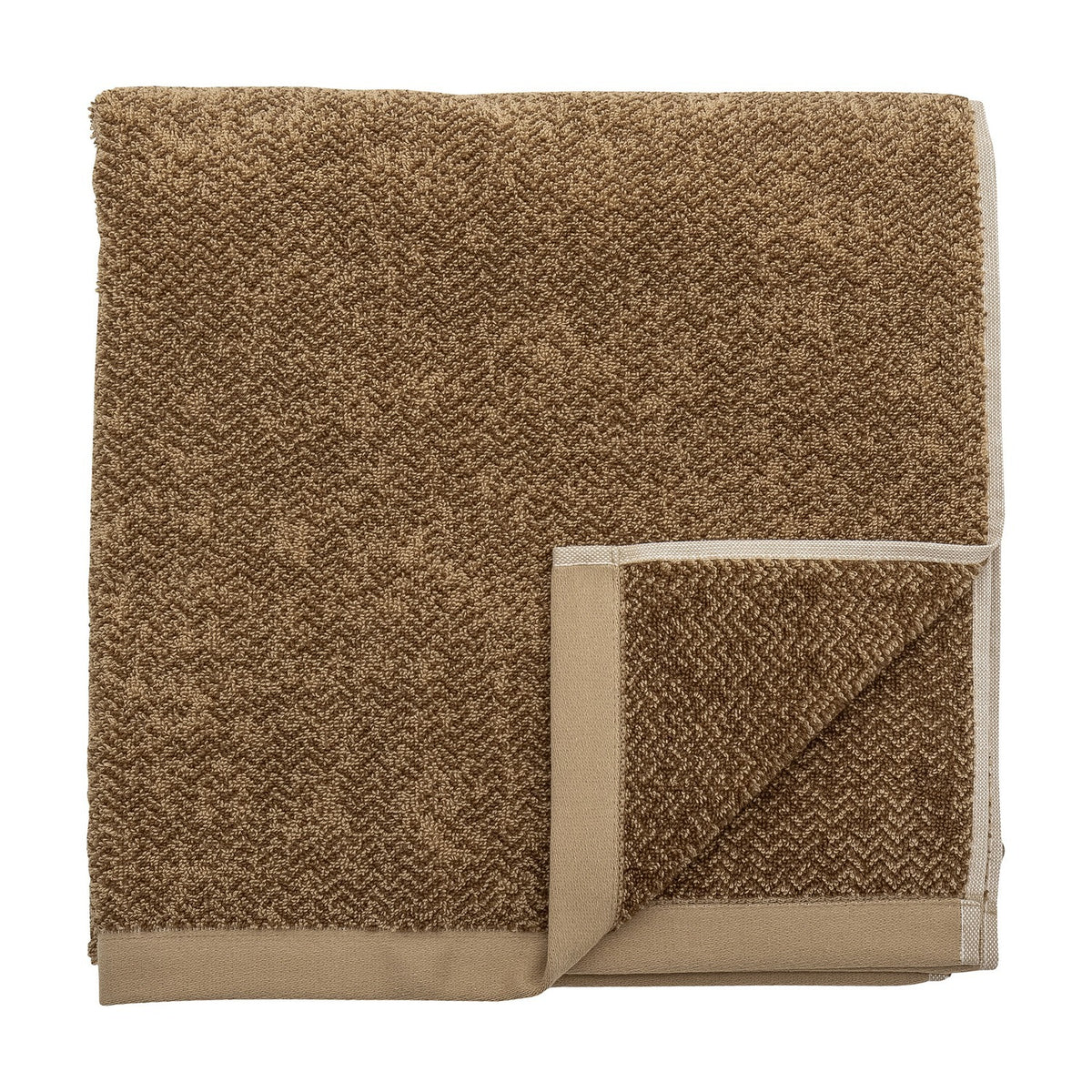 Kahla Cotton Towel 140x70cm in Brown, folded square with a two-tone herringbone weave and smooth flat-woven border, shown on a white background.