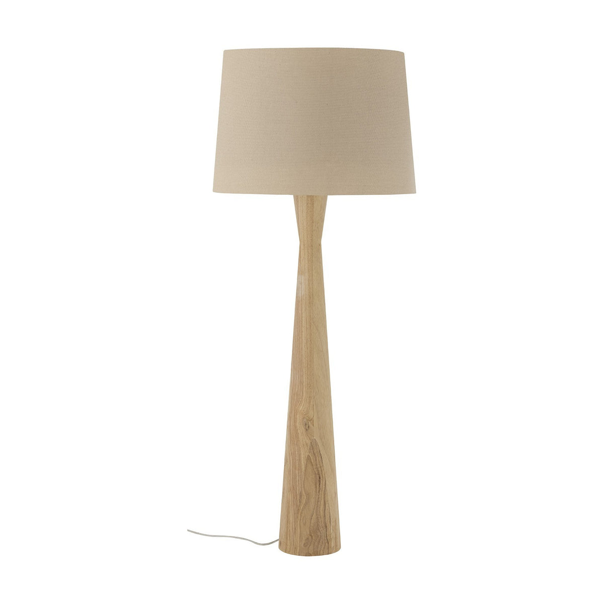 Leonor Wooden Floor Lamp with Linen Shade in Natural, featuring a tapered rubberwood column with a slim waist and a wide tapered drum linen shade, shown on a plain white background.