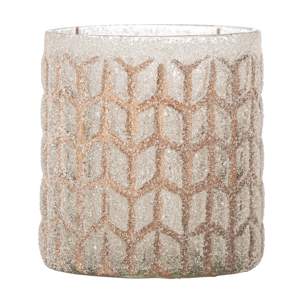 Esther Glass Tealight Holder in pink, a cylindrical holder with frosted, granular texture and a raised chevron lattice pattern, set against a plain white background.