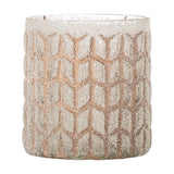 Esther Glass Tealight Holder in pink, a cylindrical holder with frosted, granular texture and a raised chevron lattice pattern, set against a plain white background.