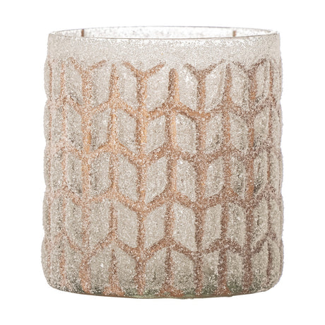 Esther Glass Tealight Holder in pink, a cylindrical holder with frosted, granular texture and a raised chevron lattice pattern, set against a plain white background.