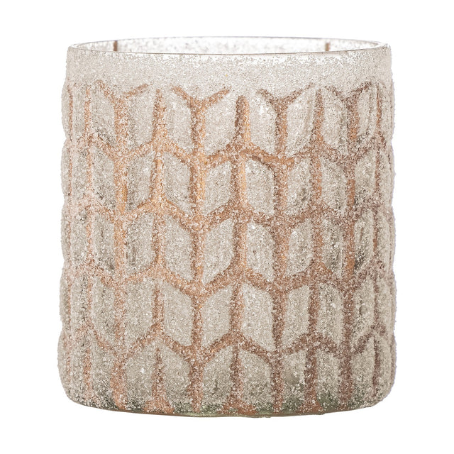 Esther Glass Tealight Holder in pink, a cylindrical holder with frosted, granular texture and a raised chevron lattice pattern, set against a plain white background.