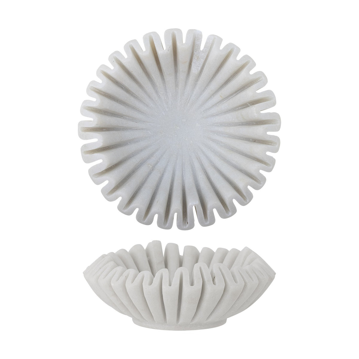 Harmonia Marble Bowl 17.5cm in white shown from top and side, with ribbed, scalloped flower-like grooves radiating from a smooth centre to a rippled rim, on a plain white background.