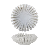 Harmonia Marble Bowl 17.5cm in white shown from top and side, with ribbed, scalloped flower-like grooves radiating from a smooth centre to a rippled rim, on a plain white background.