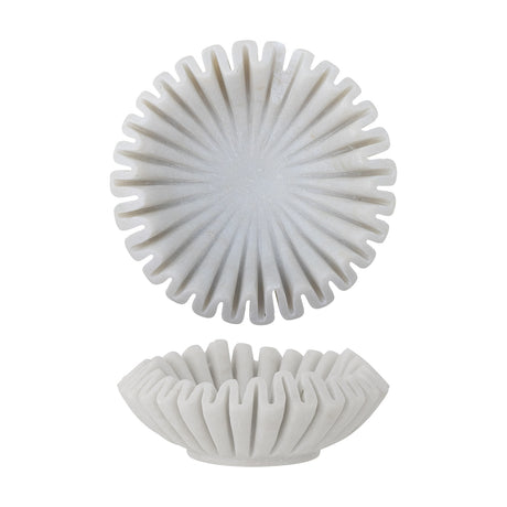 Harmonia Marble Bowl 17.5cm in white shown from top and side, with ribbed, scalloped flower-like grooves radiating from a smooth centre to a rippled rim, on a plain white background.