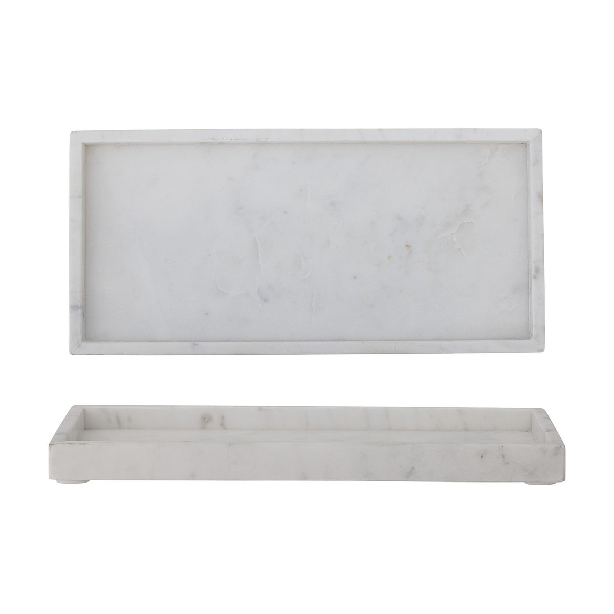 Majsa Marble Tray 38x18cm in White shown from above and side, a rectangular white marble tray with raised rim and soft grey veining, on a plain white background.
