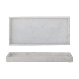 Majsa Marble Tray 38x18cm in White shown from above and side, a rectangular white marble tray with raised rim and soft grey veining, on a plain white background.