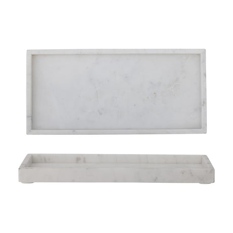 Majsa Marble Tray 38x18cm in White shown from above and side, a rectangular white marble tray with raised rim and soft grey veining, on a plain white background.