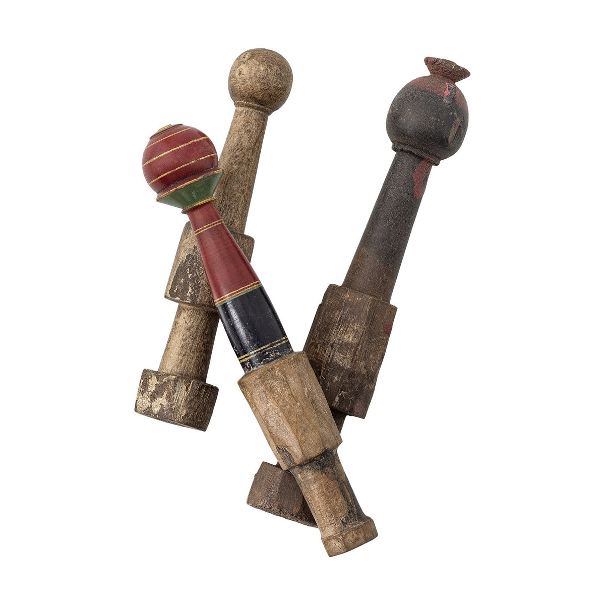 Barac Wooden Ornaments Set of 3 in brown reclaimed wood, each with a rounded knob top, slim tapering shaft, carved collar and flat foot, shown against a white background.
