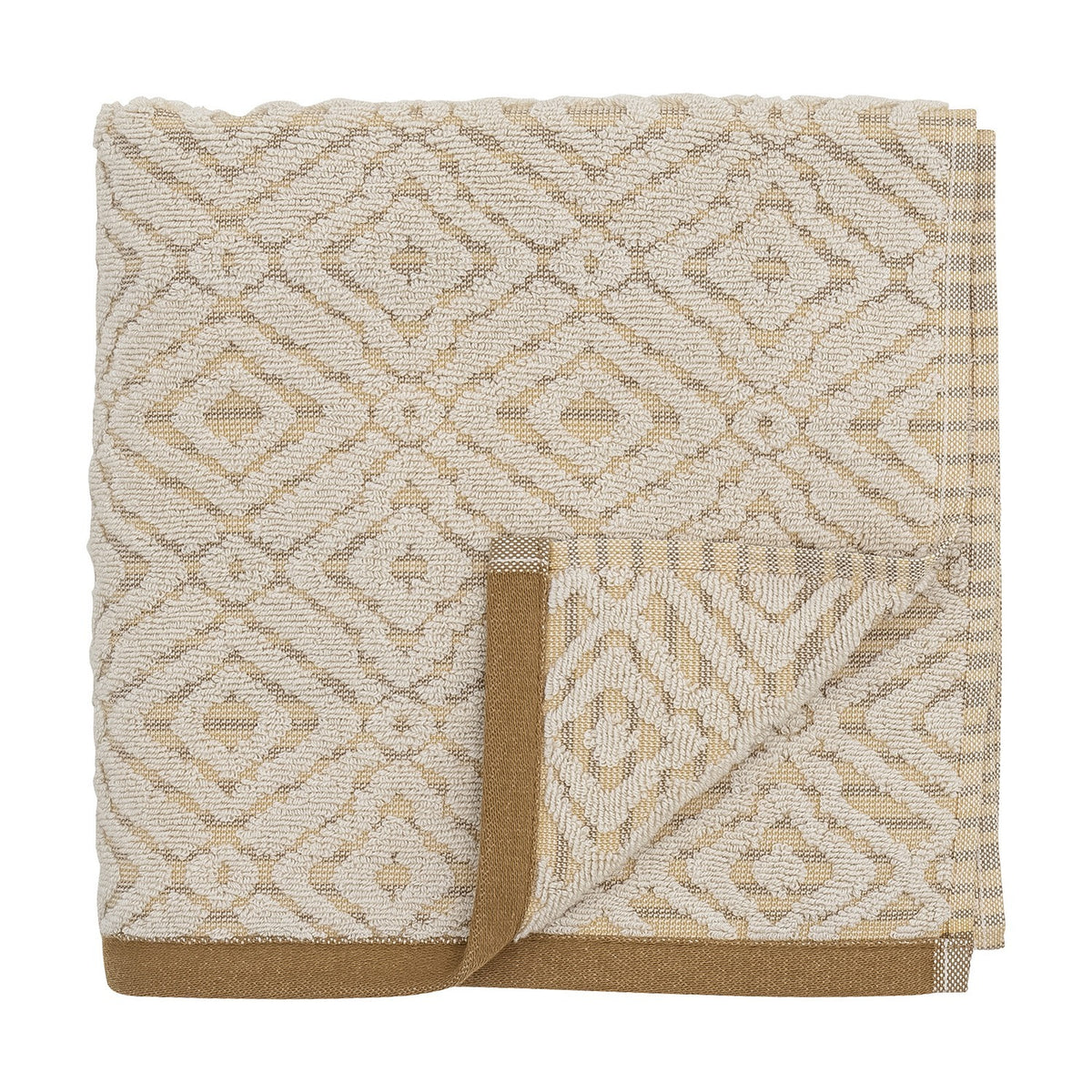 Malou Cotton Towel in Natural, folded hand towel with a woven geometric diamond pattern in cream and mustard, finished with a mustard-brown edge trim, on a white background.