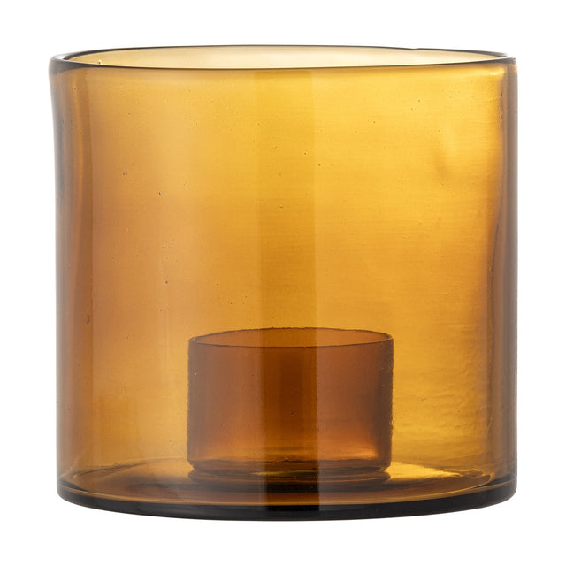 Kahlah Glass Christmas Candle Holder in amber recycled glass, a wide cylindrical holder with a small raised inner cup for a pillar candle, shown on a plain white background.