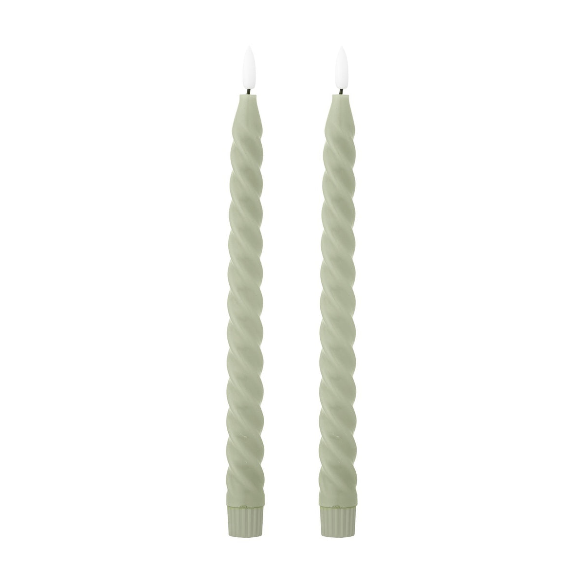 Pair of Ponza LED taper candles in green paraffin wax with a spiral-twist body, fluted base, and flame-shaped tip, shown on a plain white background.