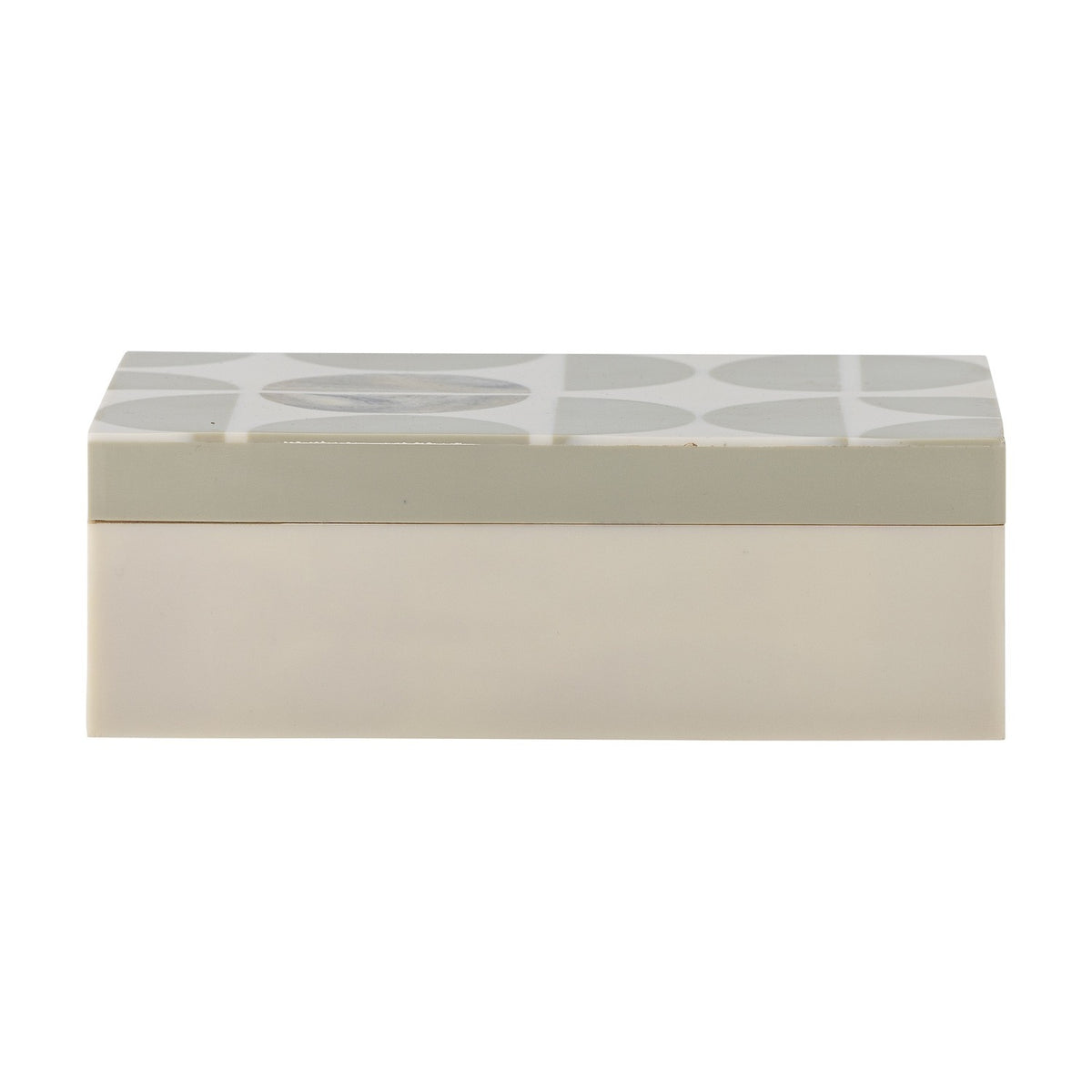 Kabela rectangular resin storage box with lid, cream base and grey geometric half-circle pattern on the lid, shown on a plain white background.