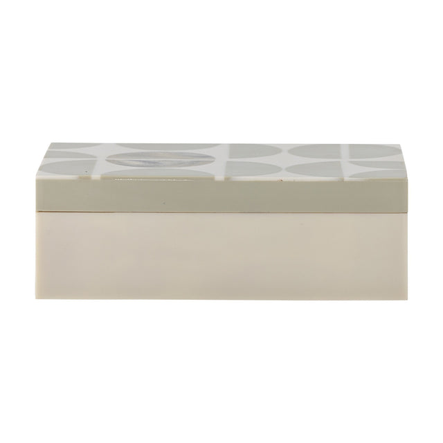 Kabela rectangular resin storage box with lid, cream base and grey geometric half-circle pattern on the lid, shown on a plain white background.